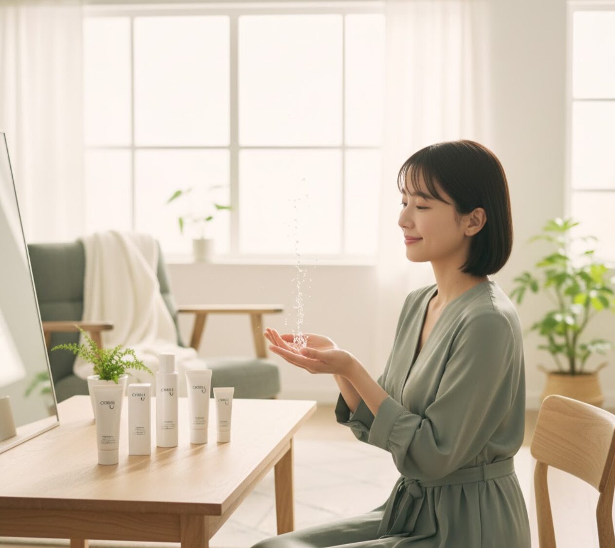 明るいリビングで、テーブルに並べられたオルビスのスキンケア製品を見つめながら、両手で水のしずくを受け止めるアジア人女性。