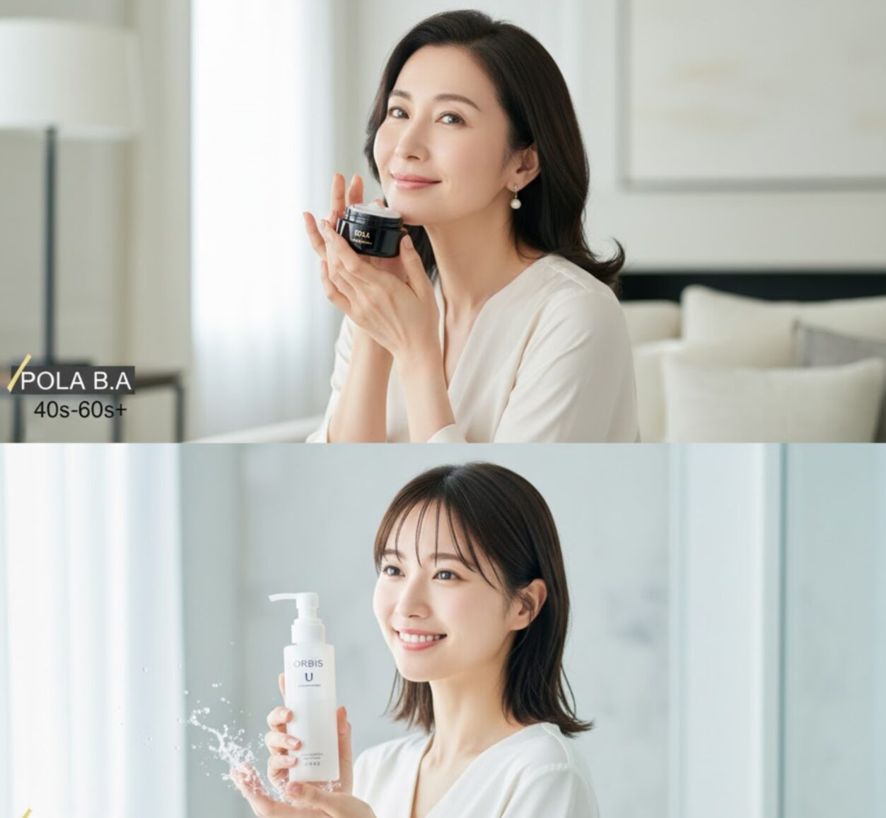 上段にポーラのB.A.クリームを持つ40代のアジア人女性、下段にオルビスユーの化粧水を持つ20代のアジア人女性が、それぞれ製品のターゲット年齢層を表している。
