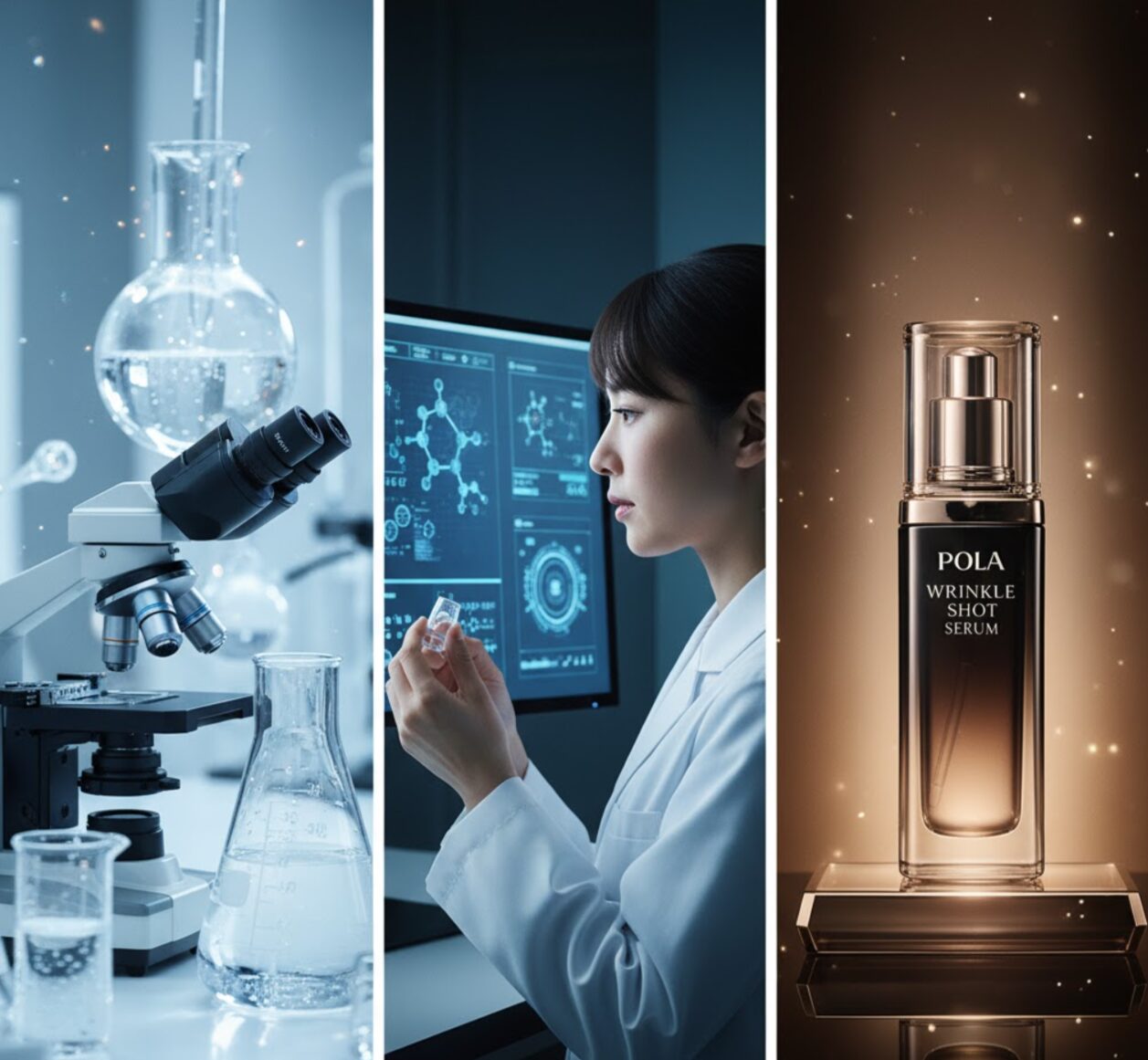 三分割された画像。左には研究室のフラスコと顕微鏡、中央には白衣を着たアジア人女性研究者がデータを見つめ、右にはポーラのリンクルショット美容液が輝いている。