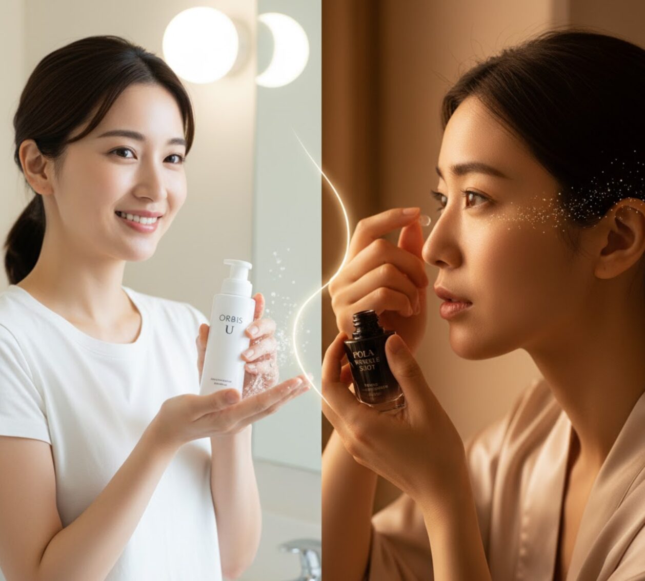 左右に分割された画像。左側にはオルビスユーの製品を持つ笑顔のアジア人女性が「デイリーケア:オルビスユー」、右側にはポーラのリンクルショットを塗布するアジア人女性が「スペシャルケア:リンクルショット」と示されている。