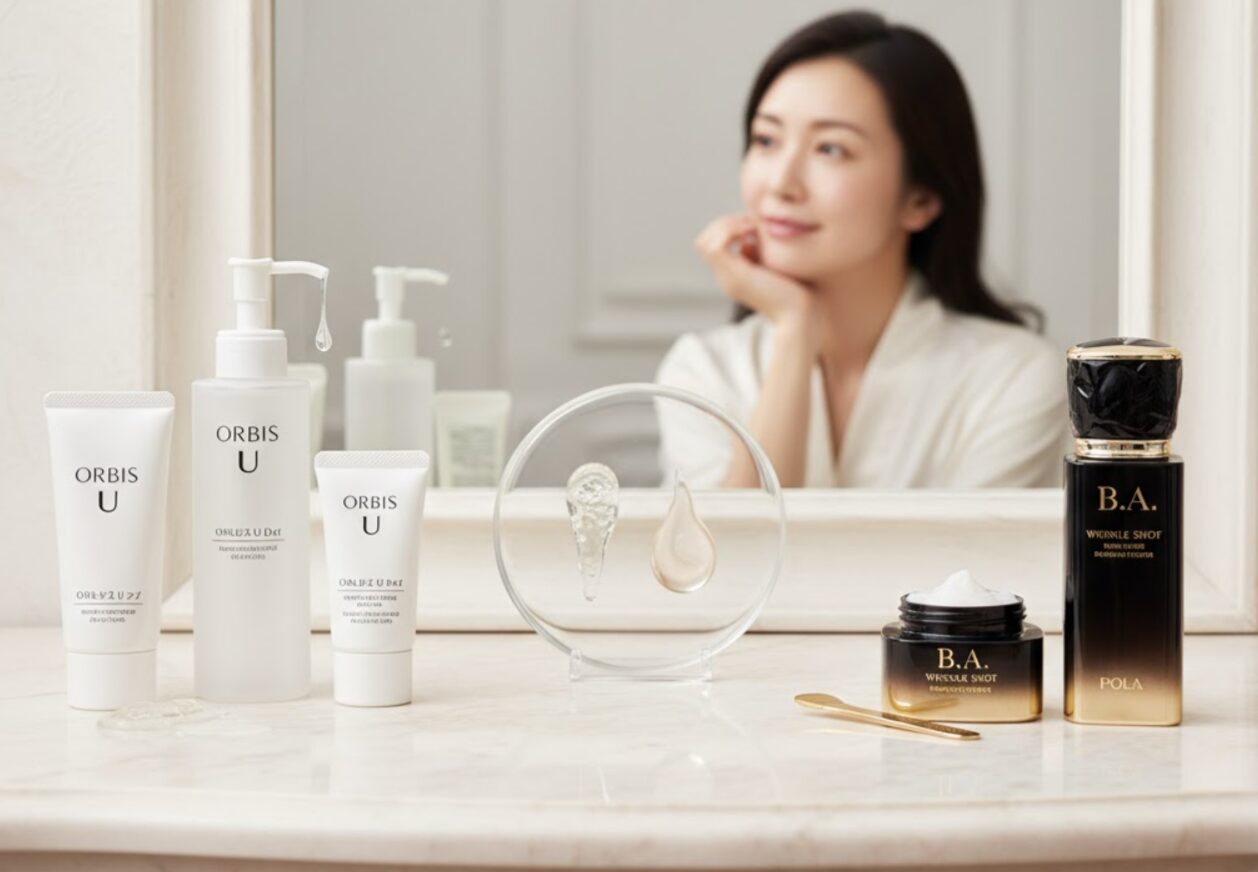 化粧台に並べられたオルビスとポーラのスキンケア製品。鏡にはスキンケア後の肌に満足しているアジア人女性が映っている。