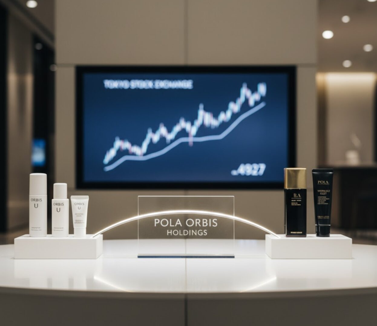 「POLA ORBIS HOLDINGS」と書かれた透明な板を中心に、左側にオルビス、右側にポーラの製品が展示されている。背後には株価チャートが表示されたディスプレイがある。