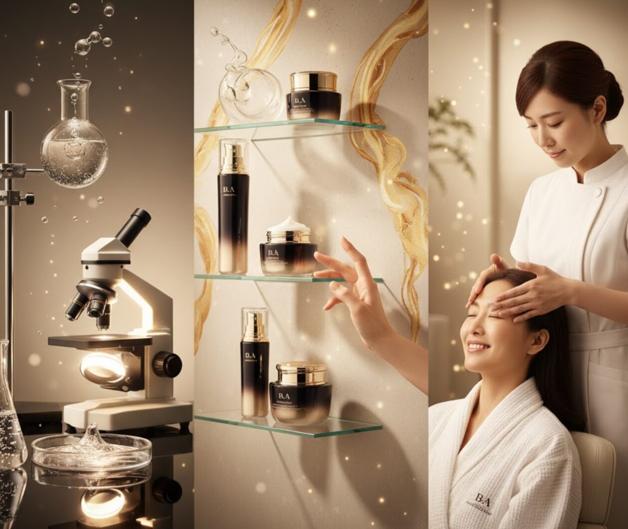 三分割された画像で、ポーラのブランドコンセプト「Science. Art. Love.」を表現。左はフラスコと顕微鏡の科学、中央はポーラのB.A.製品と芸術的な背景、右はビューティーディレクターによるフェイシャルマッサージを受ける女性。