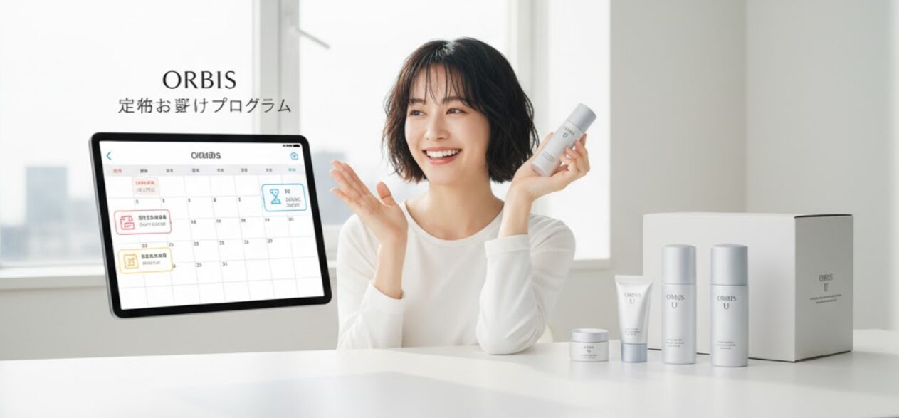 オルビスの定期便サービスを示すカレンダーと製品ボトル。スケジュール調整の柔軟性や利便性をイメージさせる。