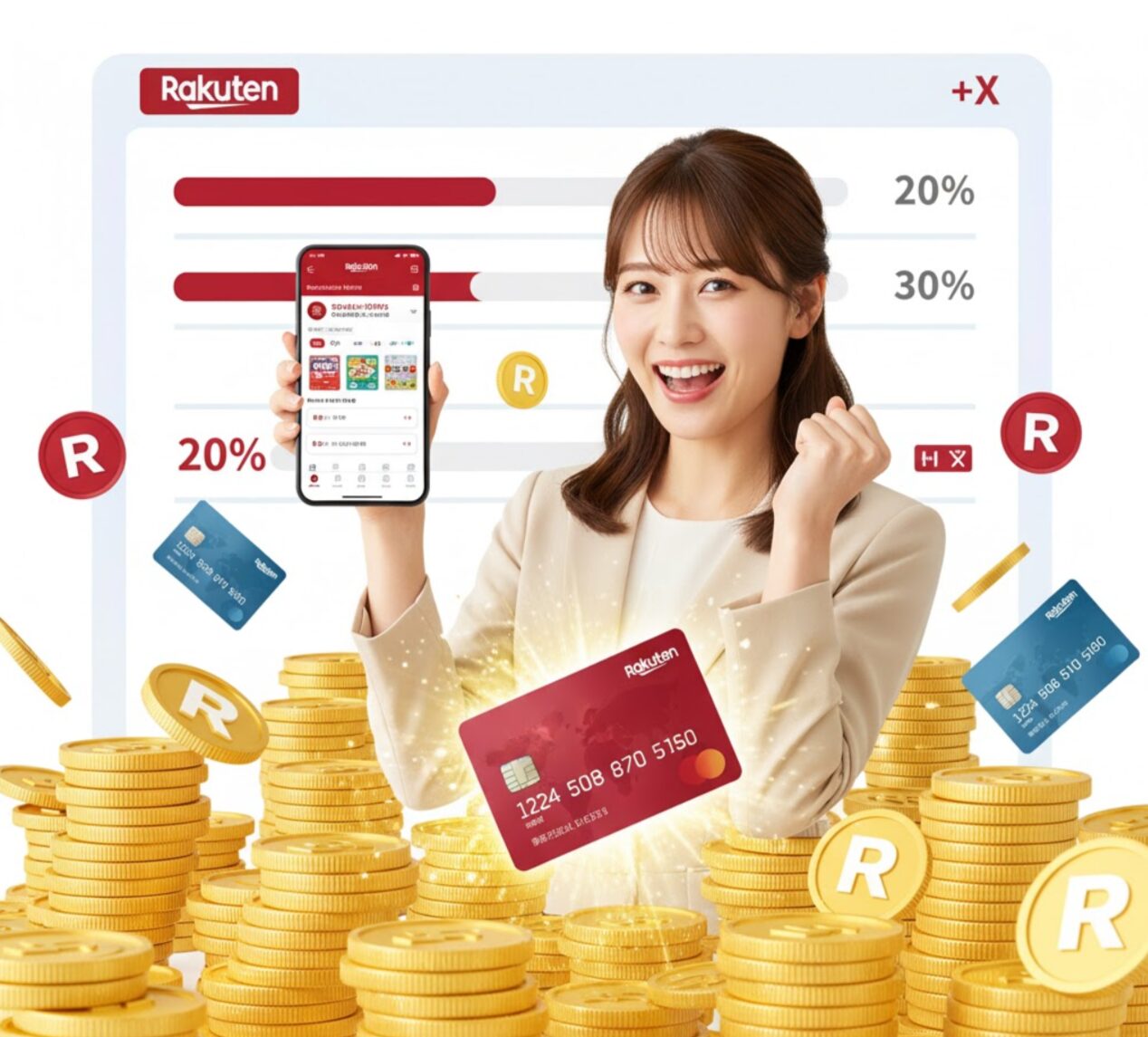 楽天ポイントが積み重なり、キャンペーンによる高い還元率を象徴している。背景には楽天市場のロゴが見える。