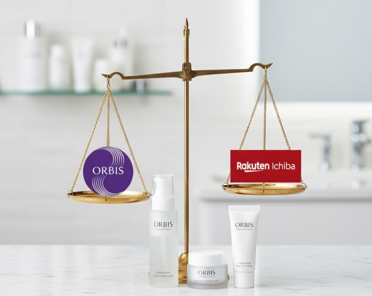 公式サイトと楽天市場のロゴが天秤にかけられ、賢い選択を促すイメージ。手前にはオルビスのスキンケア製品が置かれている。