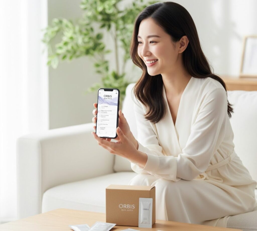 自宅のソファに座ってスマートフォンでオルビスのオンラインスキンチェックを行っている日本人女性。テーブルにはオルビスの無料サンプルセットが置かれており、女性は笑顔で画面を見ている。