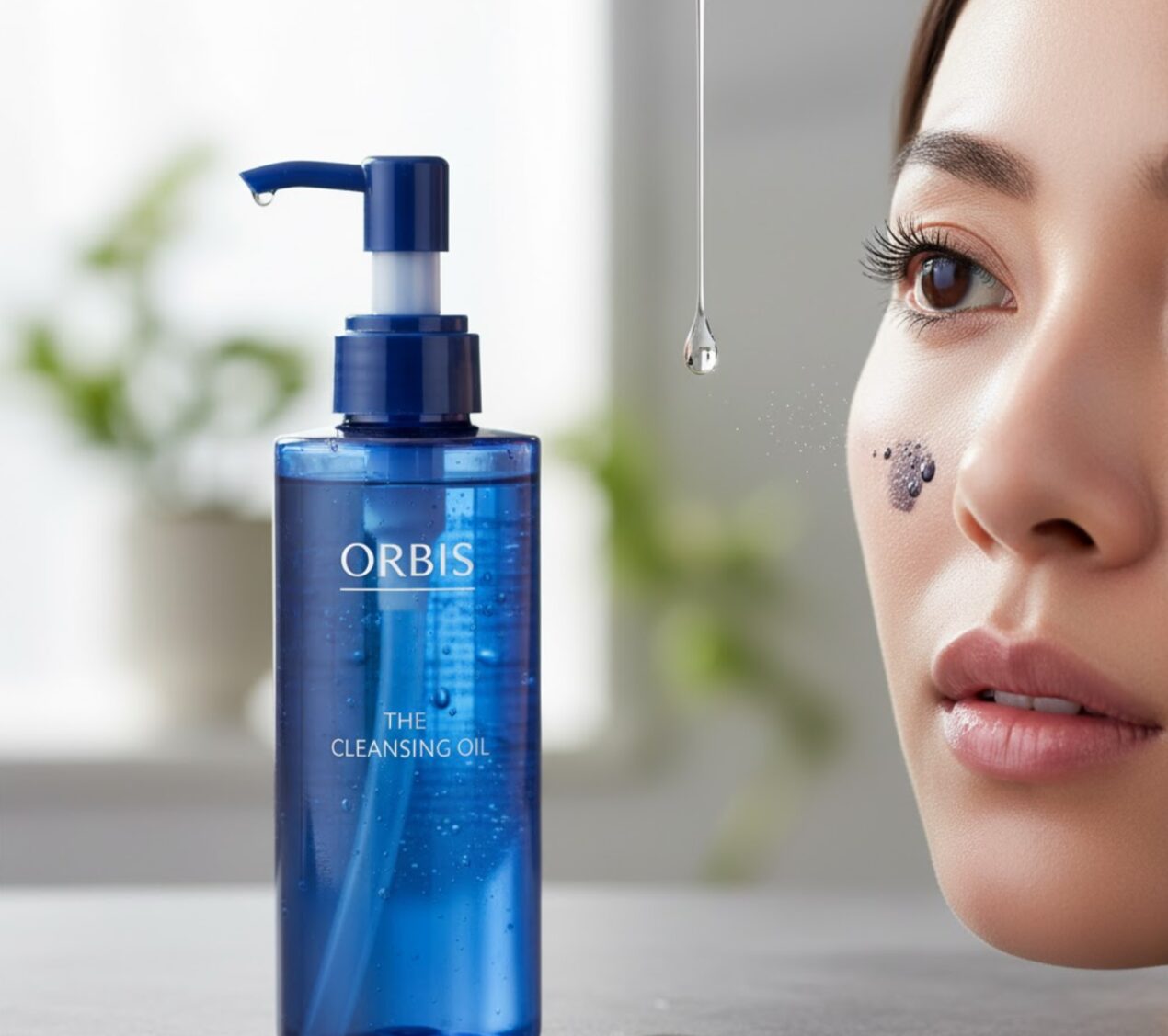 オルビス ザ クレンジング オイルのボトルと、毛穴の黒ずみが気になる女性の顔のアップ。オイルが毛穴にアプローチしている様子を表現している。