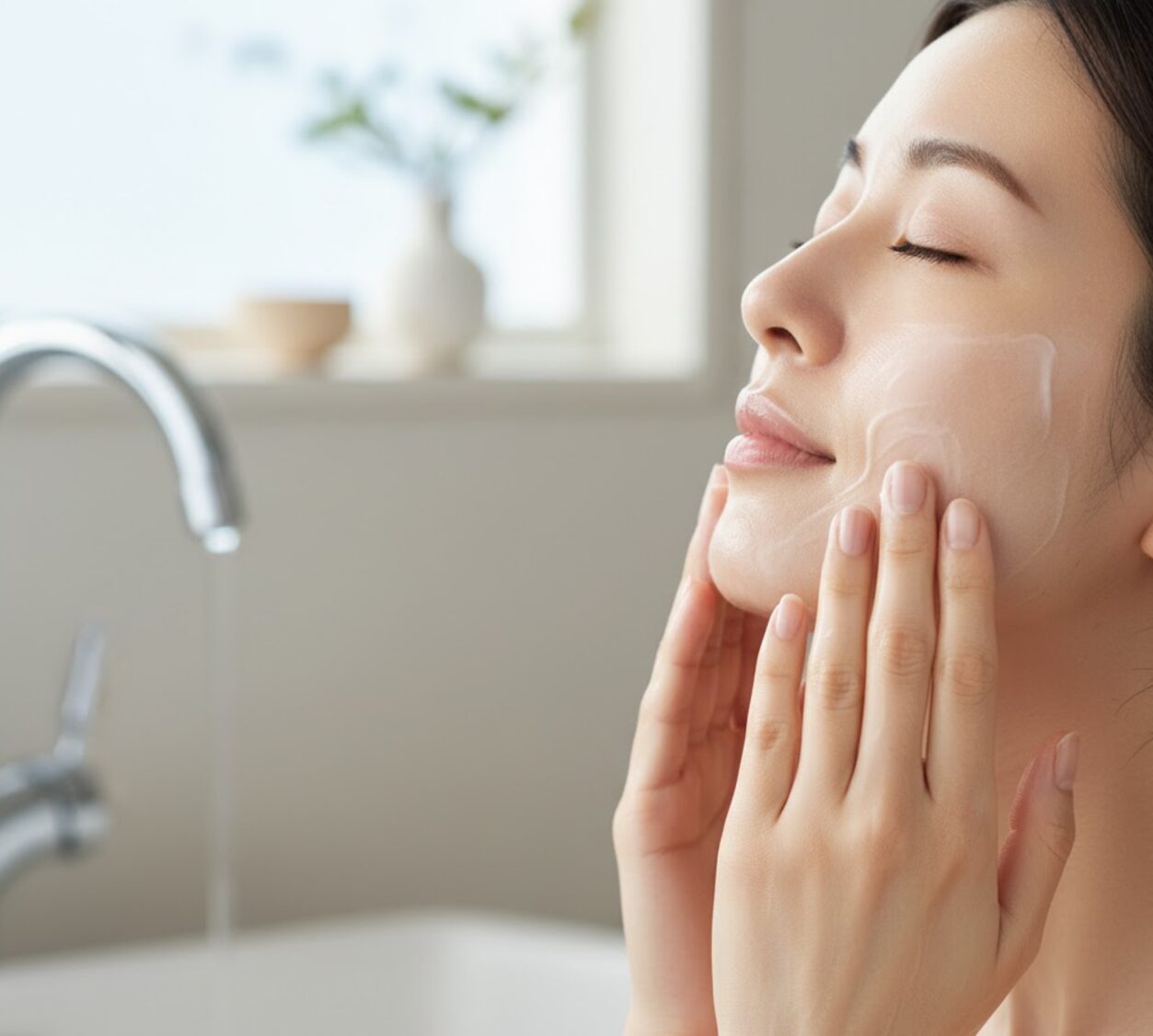 洗面所で優しくオルビス オフクリームを顔に馴染ませている女性。目を閉じ、リラックスした表情で、摩擦レスなクレンジングを表現している。