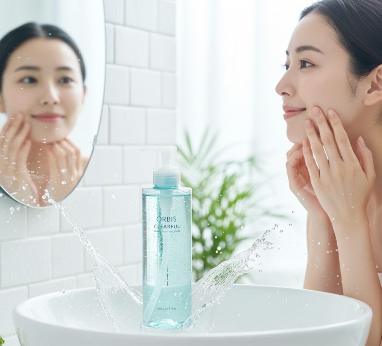 洗面台に置かれたオルビス クリアフル ディープクレンジングリキッドのボトル。ボトル周りには水しぶきが上がり、鏡に映る女性が自分の肌をチェックしている。