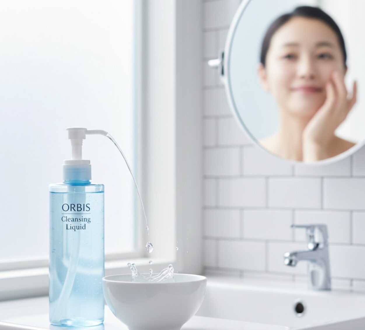 洗面台のオルビス クレンジングリキッドのボトルから、透明なリキッドが白いボウルに注がれている様子。鏡に映る女性が満足そうに肌に触れている。