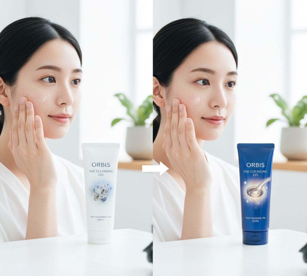 オルビス クレンジングジェルの白いチューブと、ジェルを肌に優しく塗布する女性の顔のアップ。