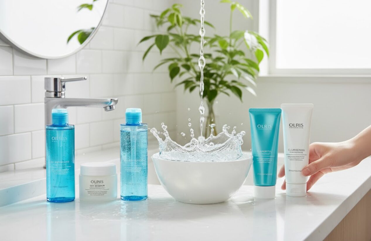 白い洗面台に並んだオルビスのクレンジング製品と、中央のボウルに勢いよく水が注がれ、水しぶきが上がっている。女性の手が製品を指している。