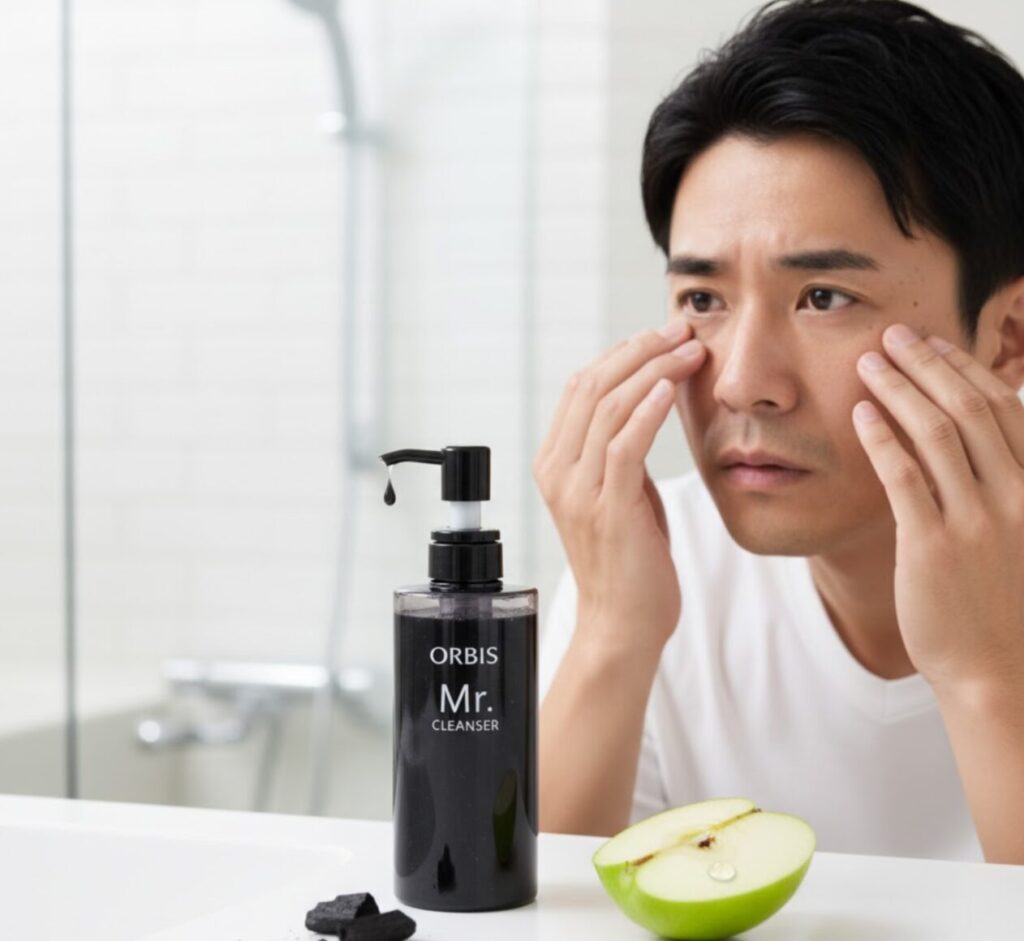 鏡の前で毛穴の黒ずみに悩む若い日本人男性と、オルビスミスタークレンザーの製品ボトル、リンゴ、炭のイメージ。