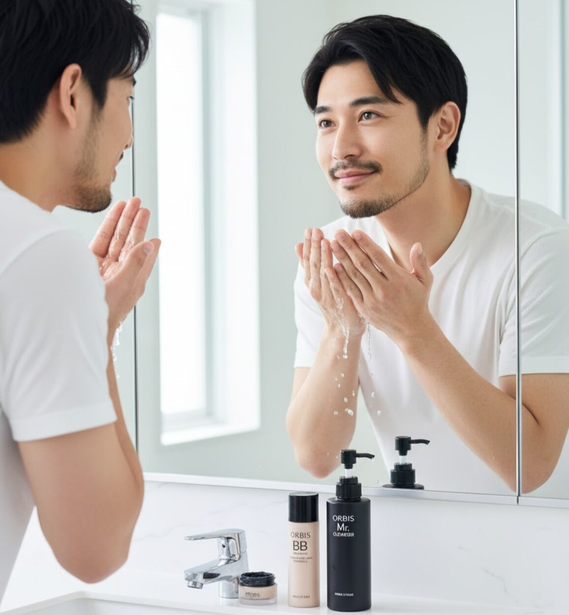鏡の前で洗顔をするBBクリームを使用した若い日本人男性。手前にはオルビスのBBクリームとクレンザーのボトルが置かれている。