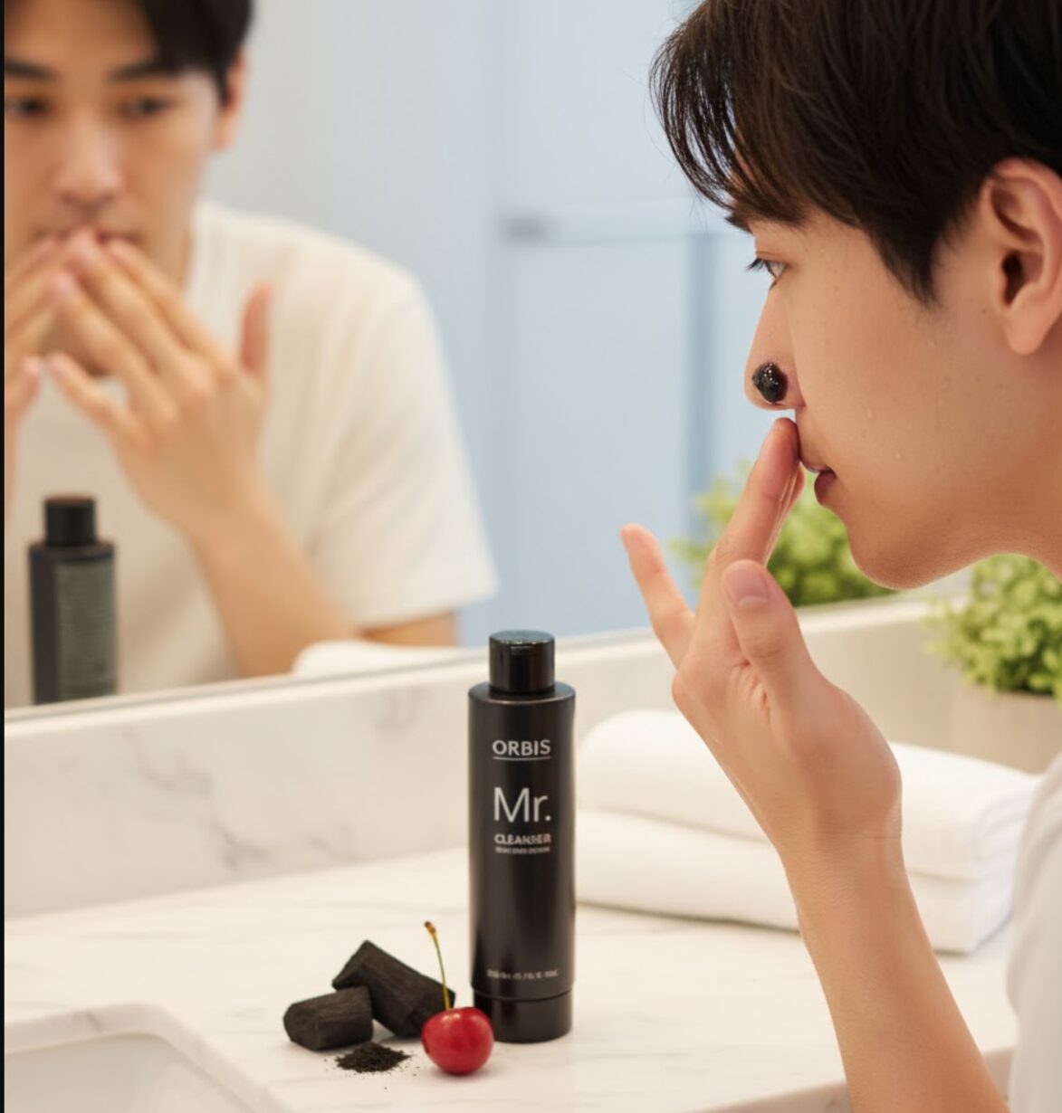 洗面台でオルビスミスタークレンザーを小鼻に塗布している若い日本人男性。横には製品とさくらんぼが置かれている。